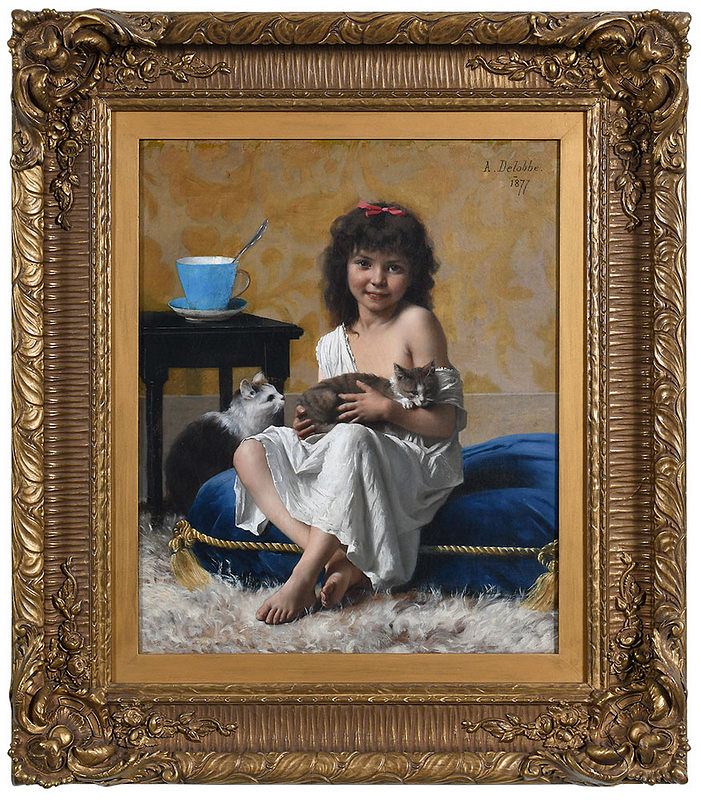 Appraisal: Francois Alfred Delobbe French - Young Girl with Kittens signed