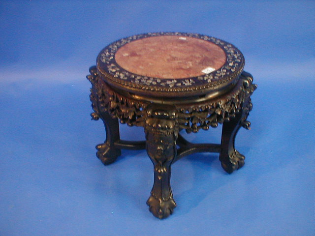 Appraisal: A Chinese carved rose wood low jardiniere stand with mother-of-pearl