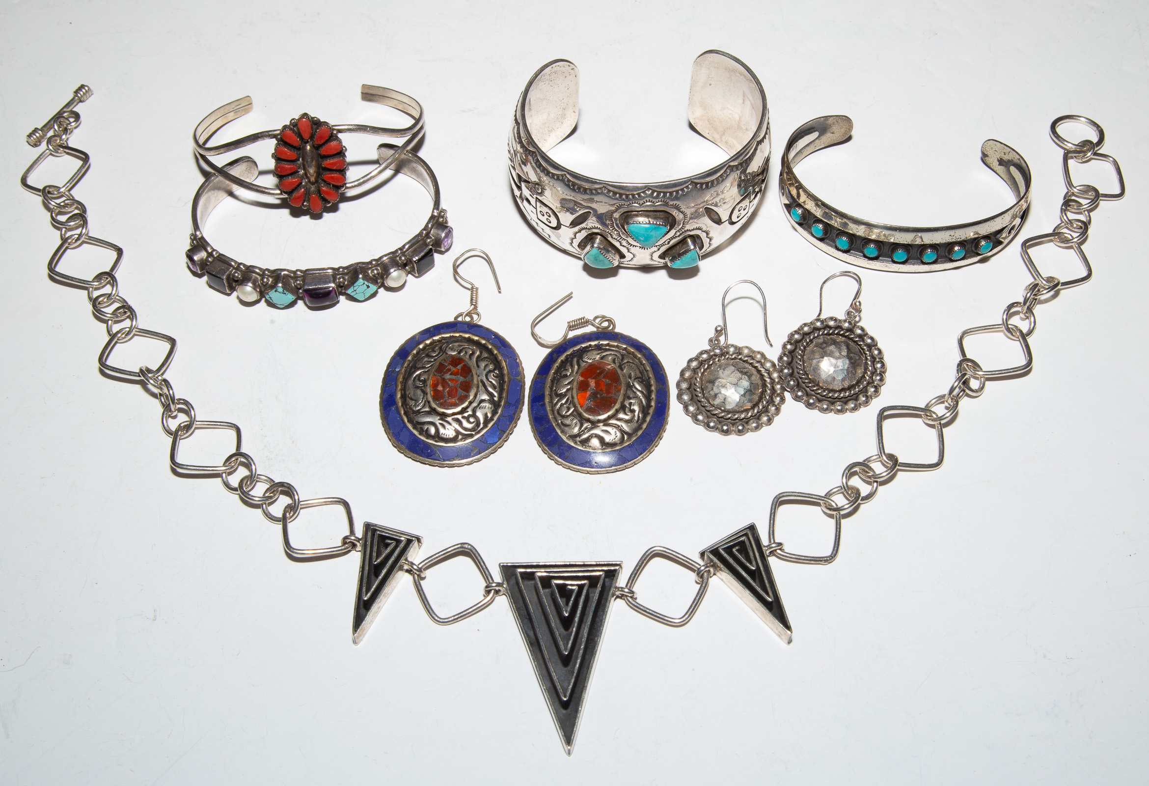 Appraisal: A COLLECTION OF STERLING NATIVE AMERICAN JEWELRY Including a wide