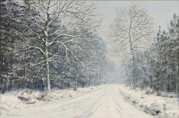 Appraisal: Peter Ellenshaw English - winterscape with winding road and pale