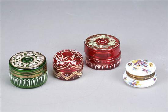 Appraisal: FOUR GLASS COVERED PIN BOXES All with handpainted decoration Two