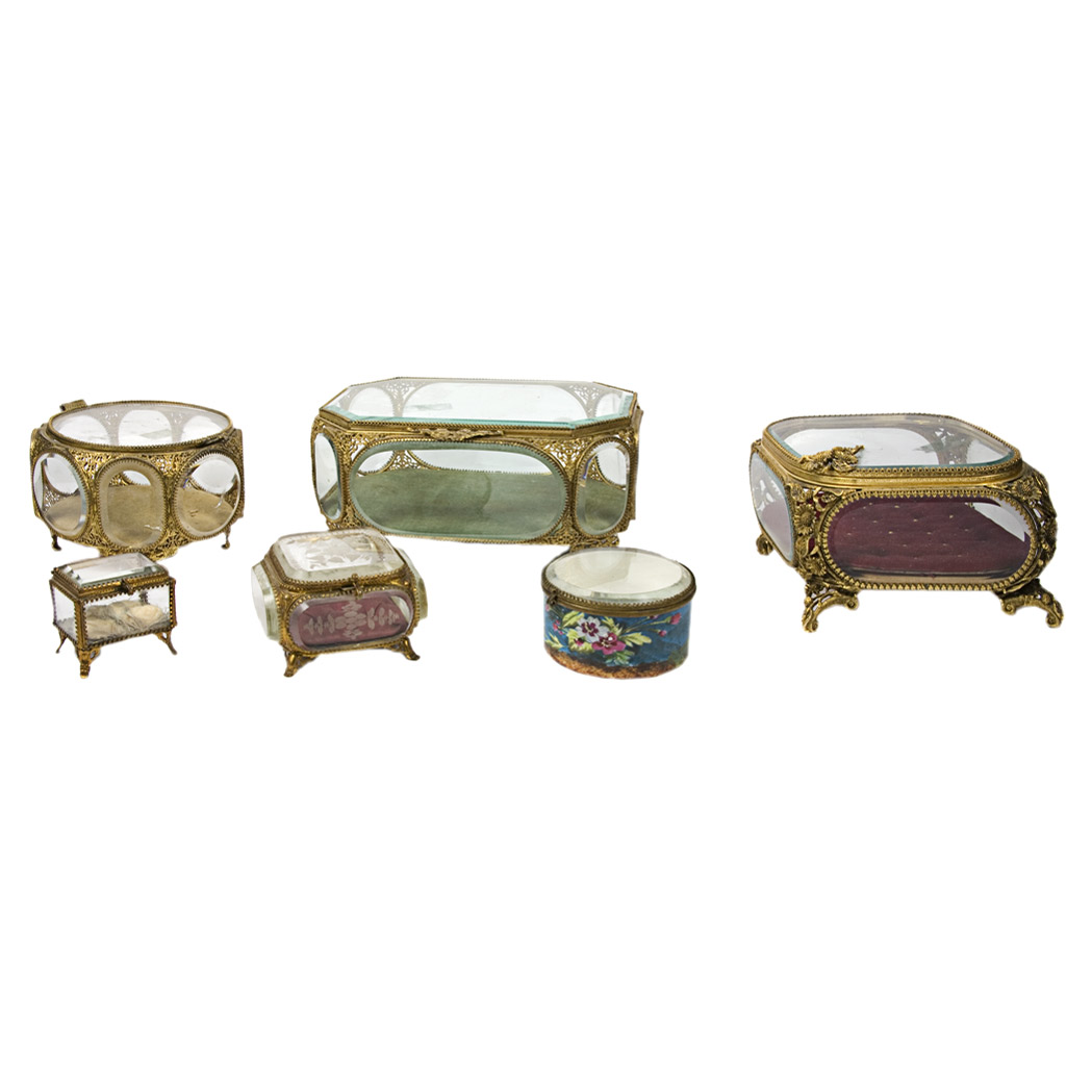 Appraisal: Group of Six Gilt-Metal Mounted Glass Boxes