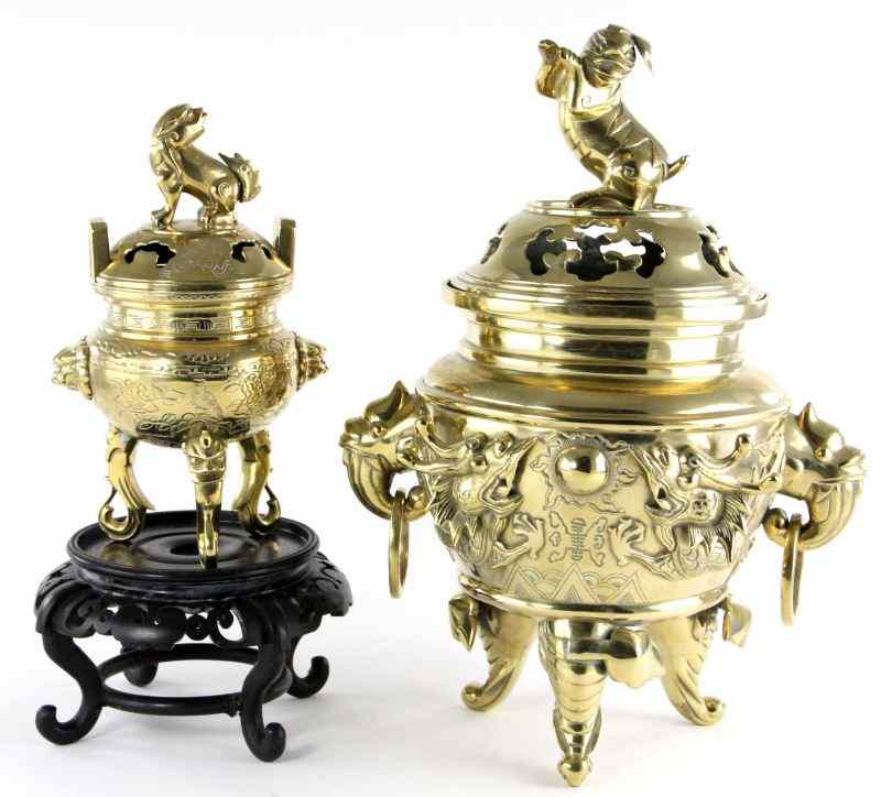 Appraisal: Pair of Contemporary Brass Censersone with rampant foo dog on