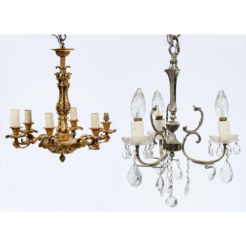 Appraisal: A silvered metal three light chandelier and a giltmetal six