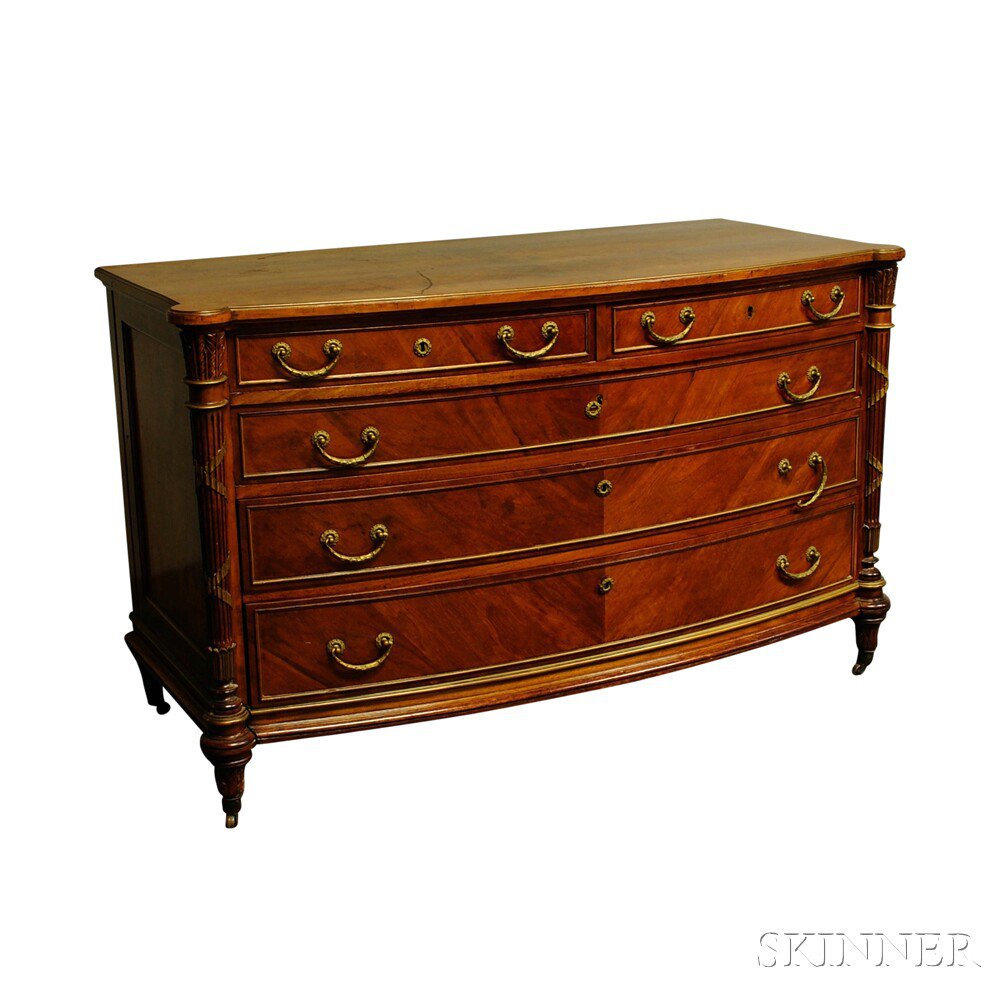 Appraisal: Louis XVI-style Walnut Veneer Bow-front Chest of Drawers the top