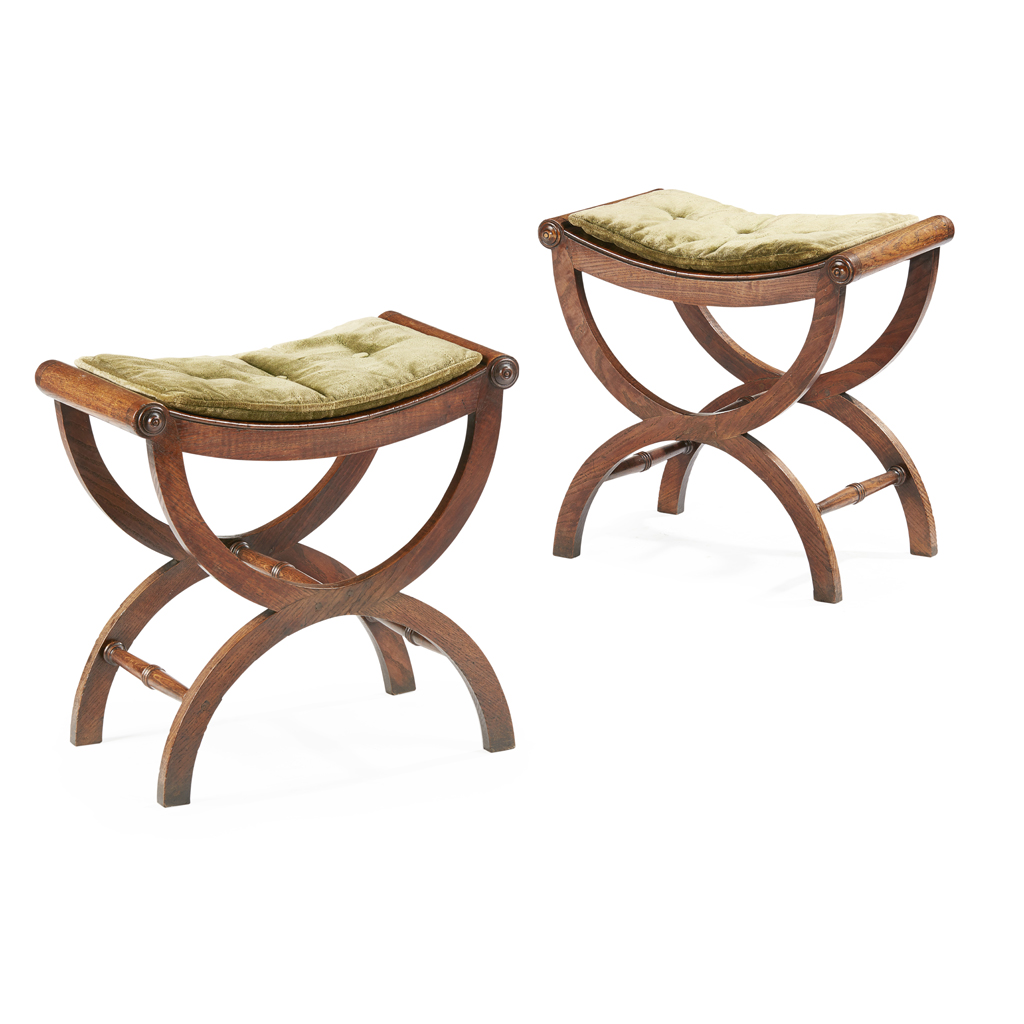 Appraisal: PAIR OF GEORGE IV OAK X-FORM STOOLS EARLY TH CENTURY