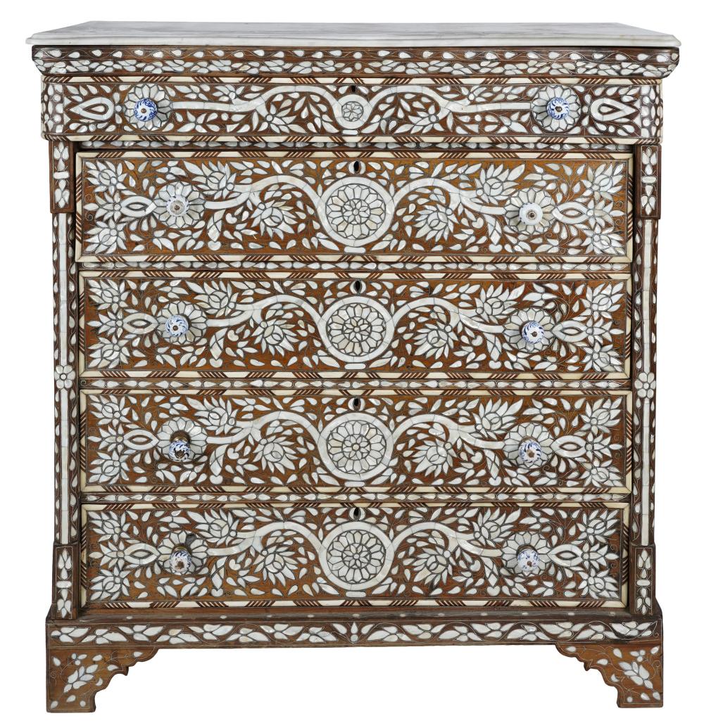 Appraisal: MOROCCAN INLAID CHEST OF DRAWERSthe serpentine marble top over five