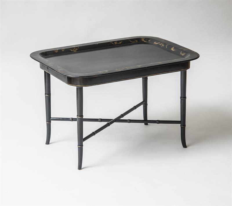 Appraisal: ENGLISH BLACK LACQUER TRAY ON STAND Decorated with gilt arabesques