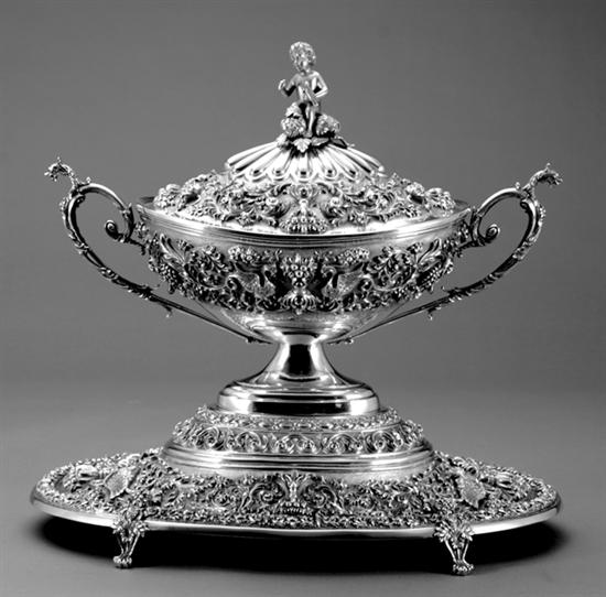 Appraisal: Portuguese silver covered tureen on stand circa - finial in