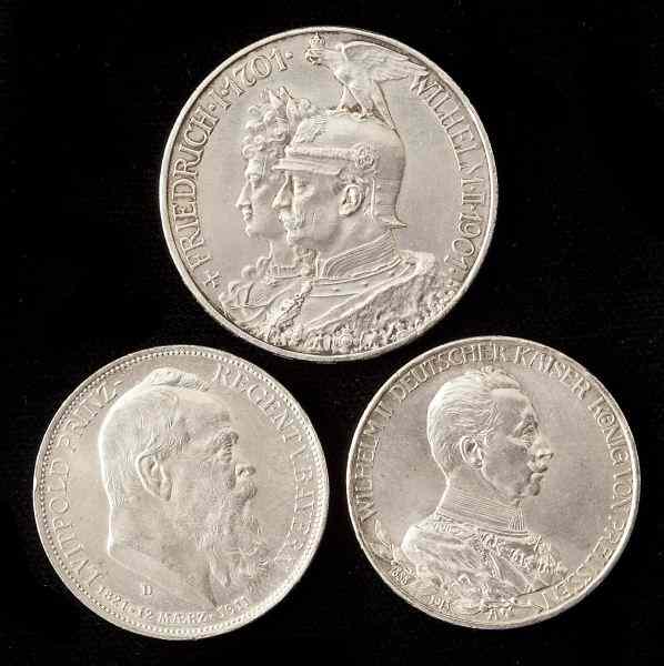 Appraisal: Three Imperial German Commemorative Silver Coinsto include Prussia Friedrich I