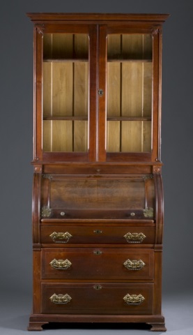 Appraisal: Victorian Cylinder Front Secretary Walnut Glass paneled doors open to