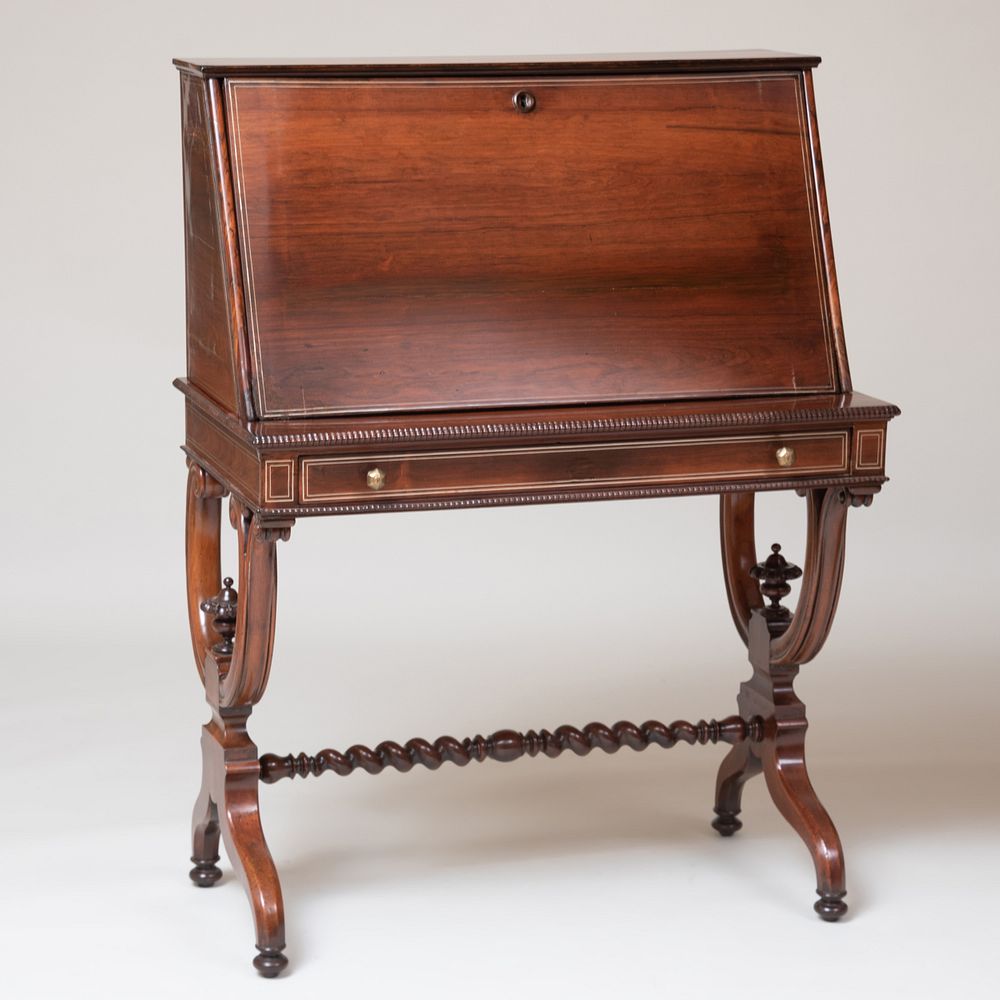 Appraisal: Victorian Paint Inlaid Rosewood Slant-Front Desk The slant-front opening to