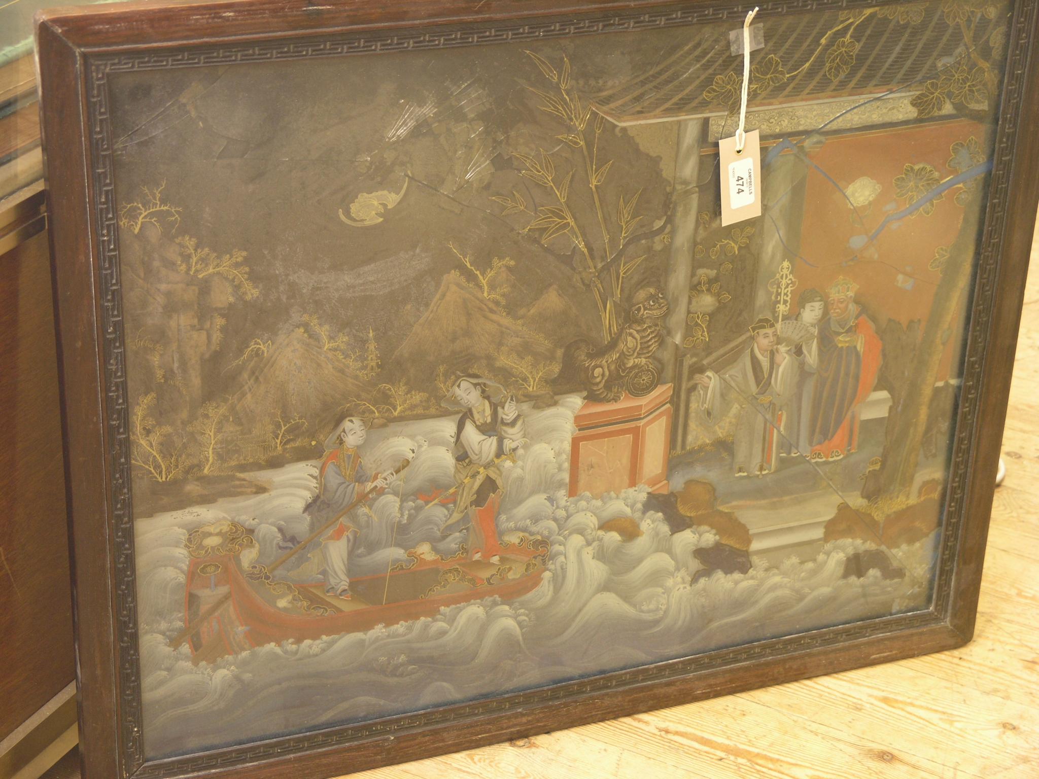 Appraisal: A Chinese reverse-painting on glass two figures in a boat