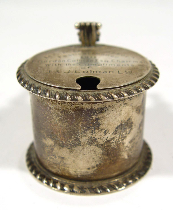 Appraisal: Cylindrical silver salt with blue glass liner inscribed to the