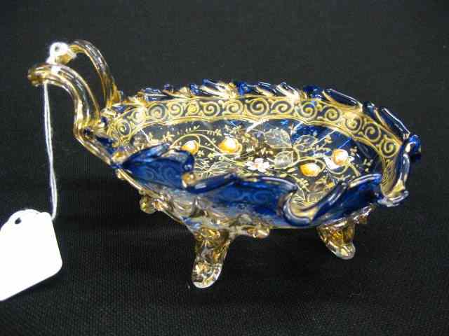 Appraisal: Moser Art Glass Dish footed handled rich blue to clear