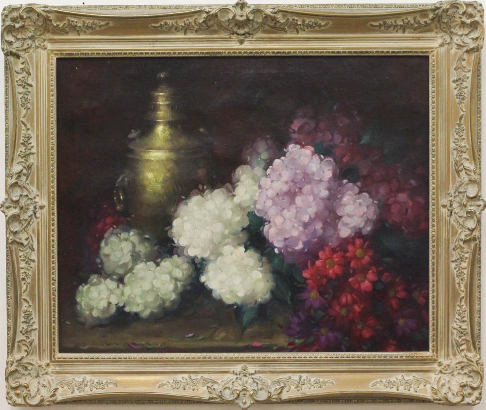 Appraisal: LEON FRANKS California Canada - oil on canvas floral still-life