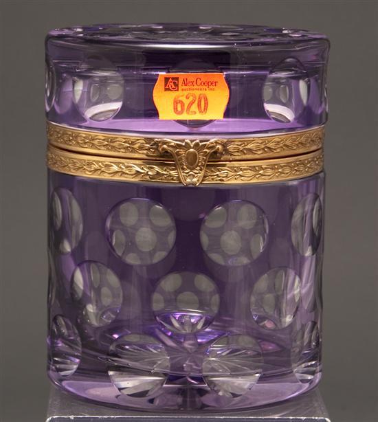 Appraisal: German amethyst cut-to-clear coin spot gilt metal-mounted glass cylindrical-form vanity