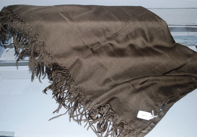 Appraisal: Chado brown thin woven cashmere silk scarf with fringe Approx