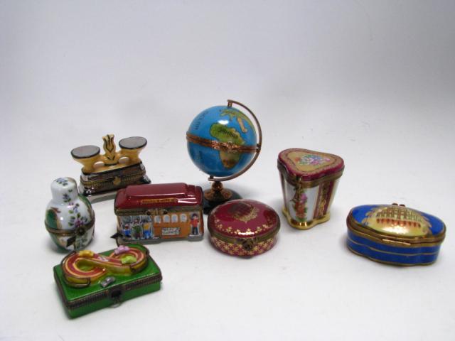 Appraisal: Group of Eight Limoges Porcelain Boxes including globe street car