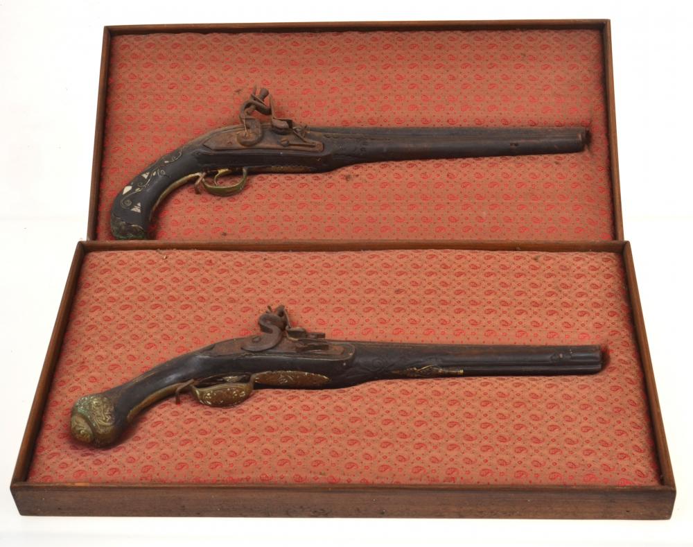 Appraisal: TWO REPRODUCTION DUELING PISTOLS ON MOUNTS NON-FIRING