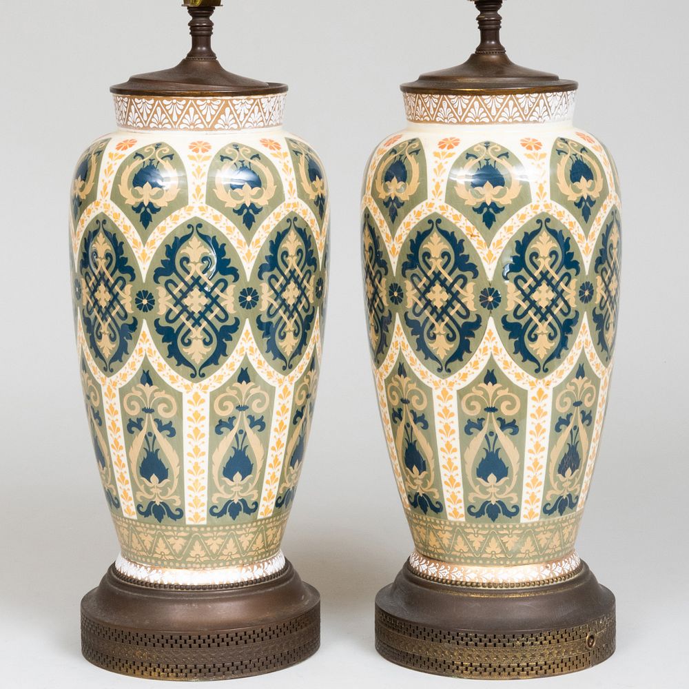 Appraisal: Pair of English Green and Ochre Vases Mounted Lamps x