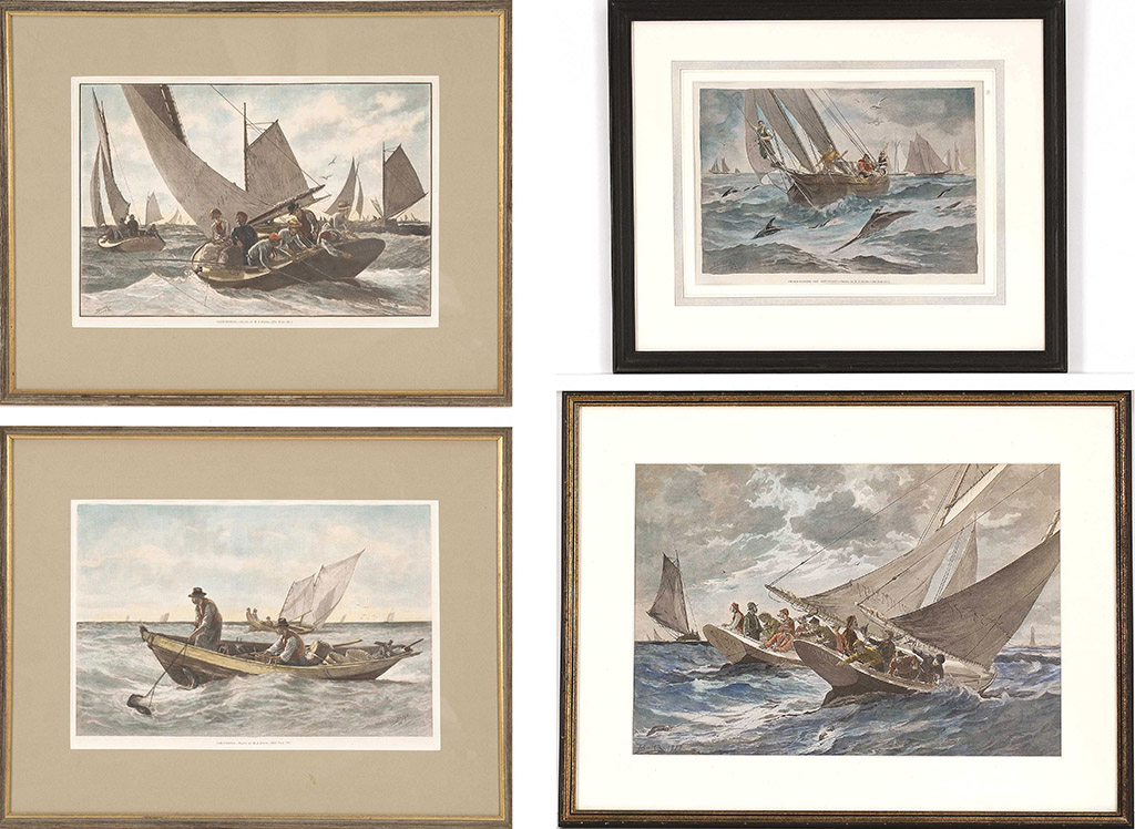 Appraisal: FOUR FRAMED COLORED PRINTS Sword Fishing off Nantucket Cod Fishing