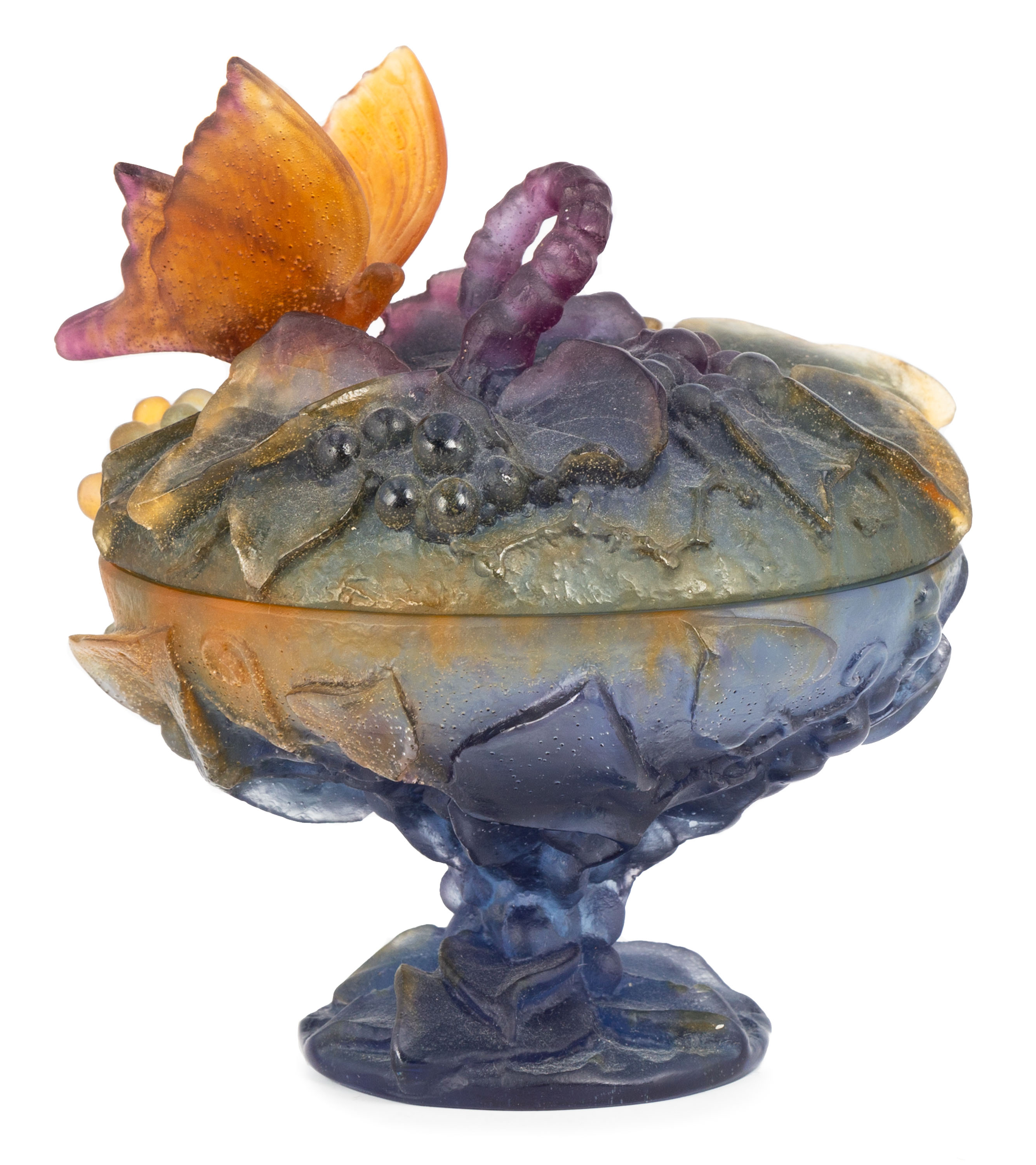 Appraisal: DAUM NANCY PATE DE VERRE COVERED COMPOTE WITH BUTTERFLY Inscribed