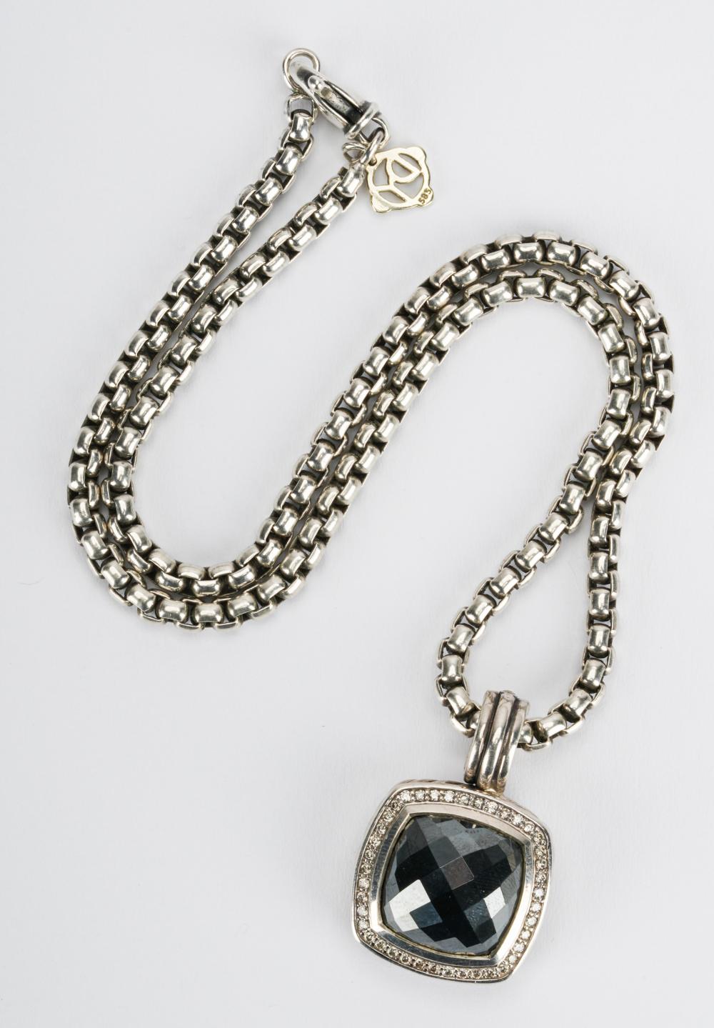 Appraisal: DAVID YURMAN STERLING DIAMOND HEMATITE NECKLACEcentering one cushion-shape checkerboard-cut hematite