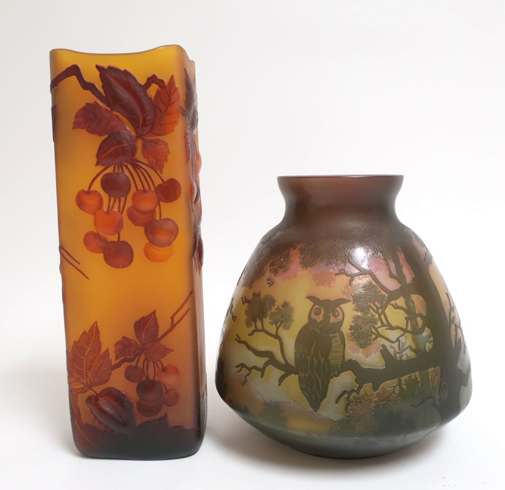 Appraisal: After Galle Art Glass Vases One cameo with owls the