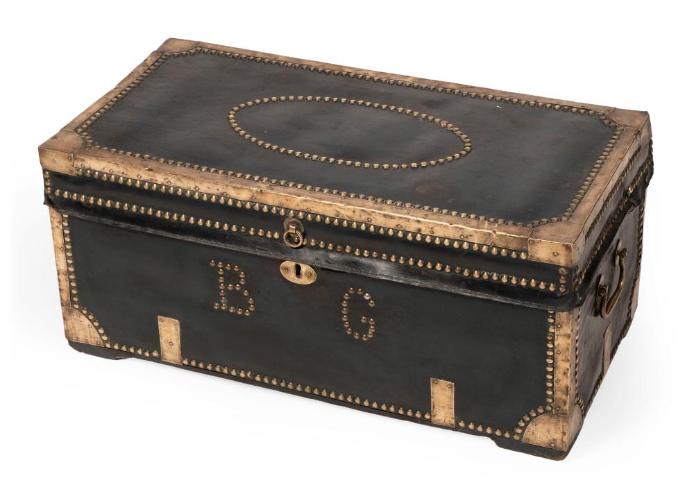 Appraisal: LEATHER AND BRASS-BOUND CAMPHORWOOD TRUNK TH CENTURY HEIGHT WIDTH DEPTH