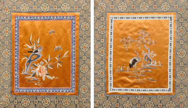 Appraisal: A group of five Chinese framed and glazed silkwork panels