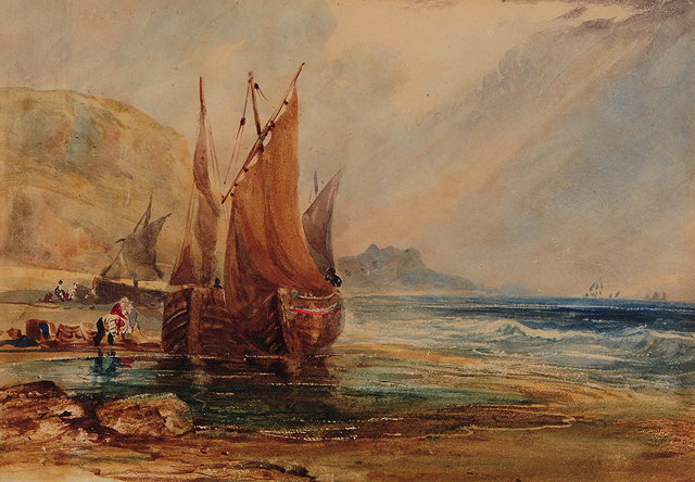 Appraisal: ATTRIBUTED TO HENRY BARLOW CARTER - Fishing smacks unloading watercolour