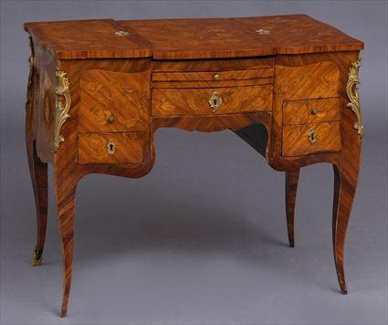 Appraisal: LOUIS XV GILT-METAL-MOUNTED AND FLORAL MARQUETRY INLAID TULIPWOOD POUDREUSE The