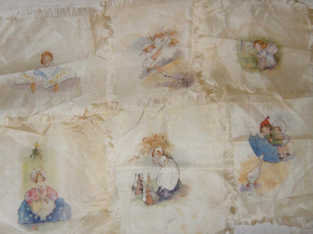 Appraisal: A set of six 's silk mats with painted nursery