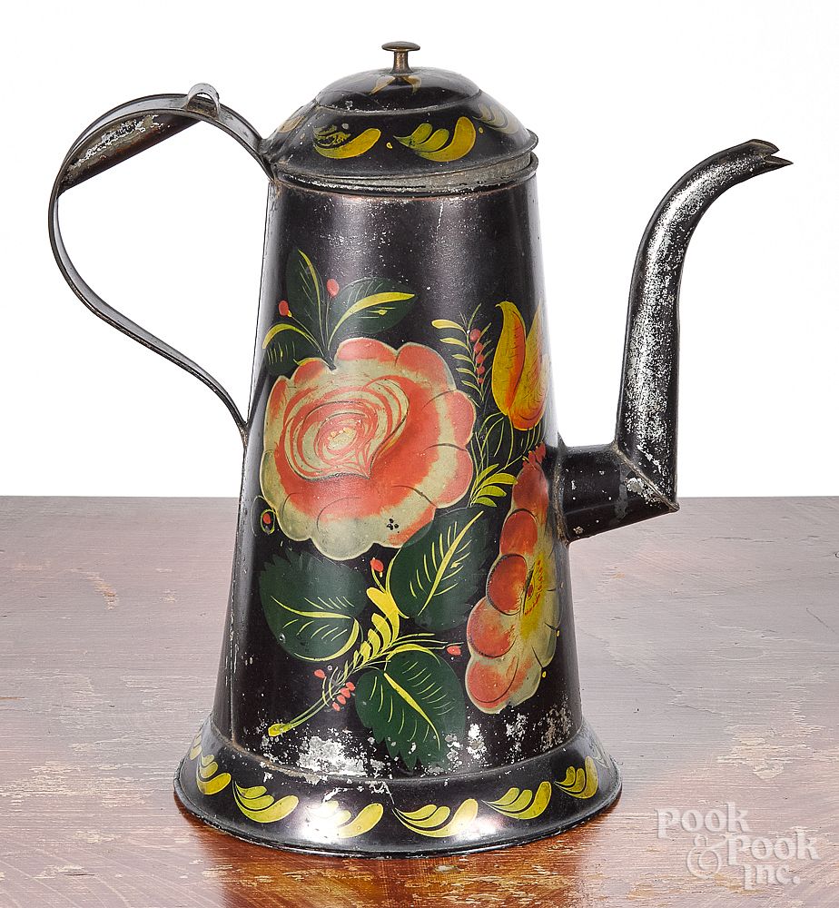 Appraisal: Black toleware coffee pot th c Black toleware coffee pot