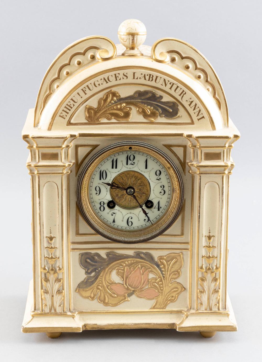 Appraisal: WEDGWOOD QUEENSWARE PARCEL-GILT MANTEL CLOCK Late th Century Architectural Queensware