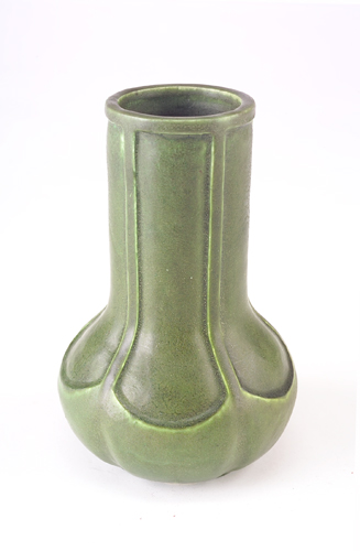 Appraisal: GRUEBY Bottle-shaped vase carved by Gertrude Priest with stylized leaves