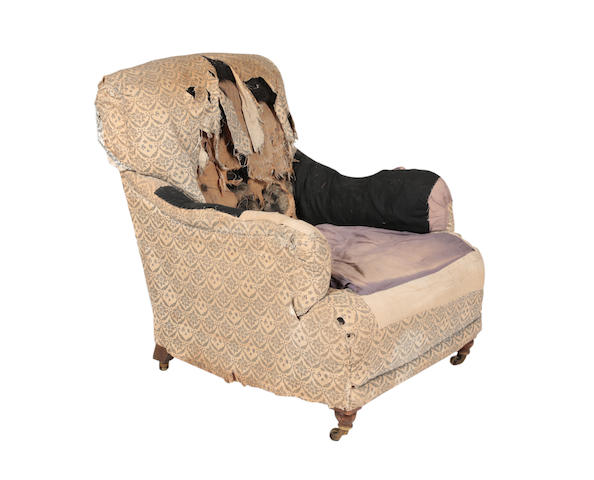 Appraisal: A Howard Sons Mahogany open armchair The monogrammed ticking fabric