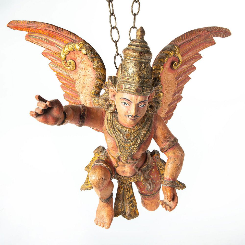 Appraisal: TH CENTURY HINDU POLYCHROME WOOD CARVING GARUDA Southern India Profuse