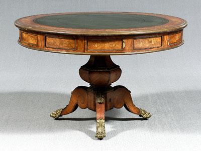 Appraisal: Marquetry inlaid drum table tooled leather top and floral marquetry