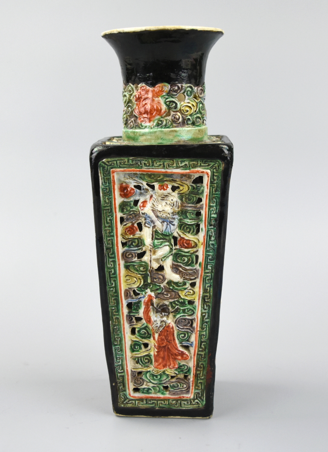 Appraisal: CHINESE BLACK FAMILLE VERTE SQUARE VASE TH C A Chinese