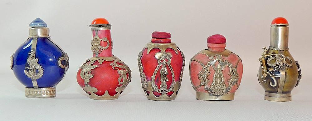 Appraisal: Grouping of Five Snuff Bottles Mounted in Metal Grouping of