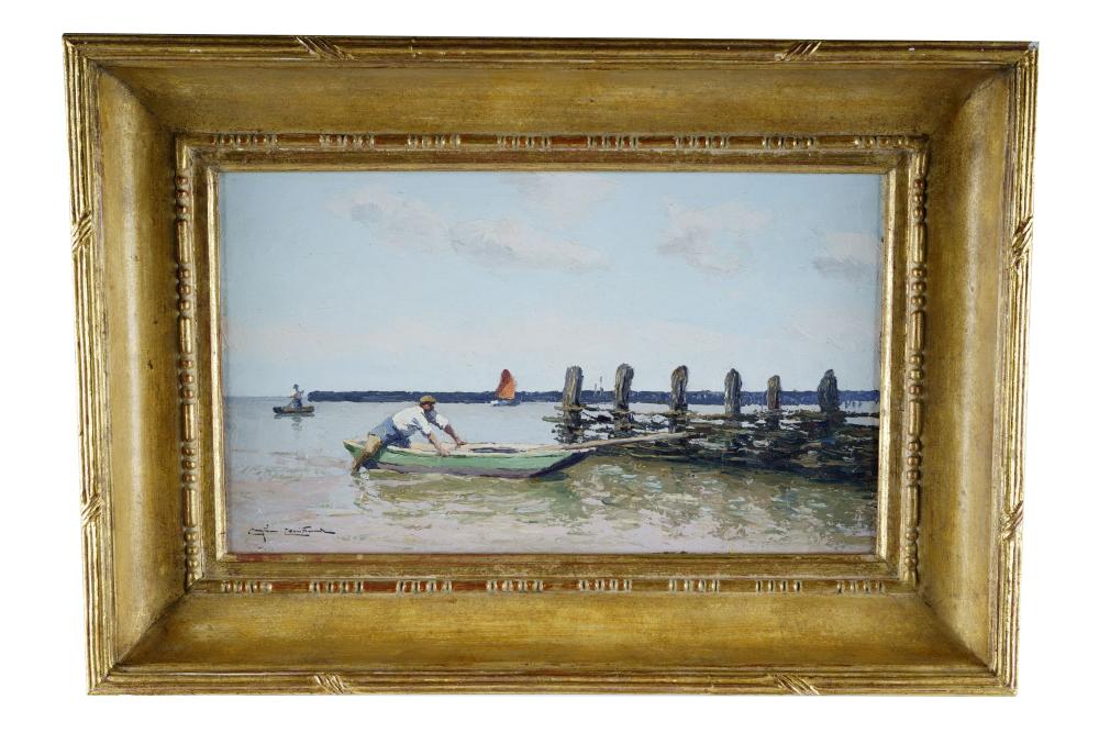 Appraisal: CONTINENTAL SCHOOL FIGURE IN A BOAT BY THE COAST oil