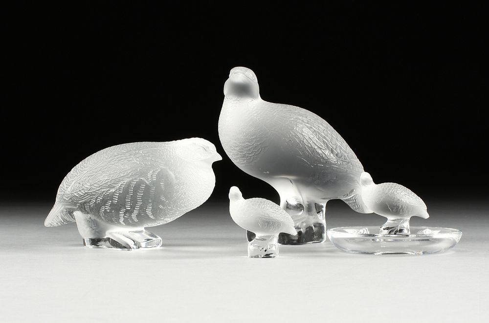 Appraisal: FOUR VINTAGE LALIQUE CLEAR FROSTED CRYSTAL FIGURINES AND DESKWARES PERDRIX