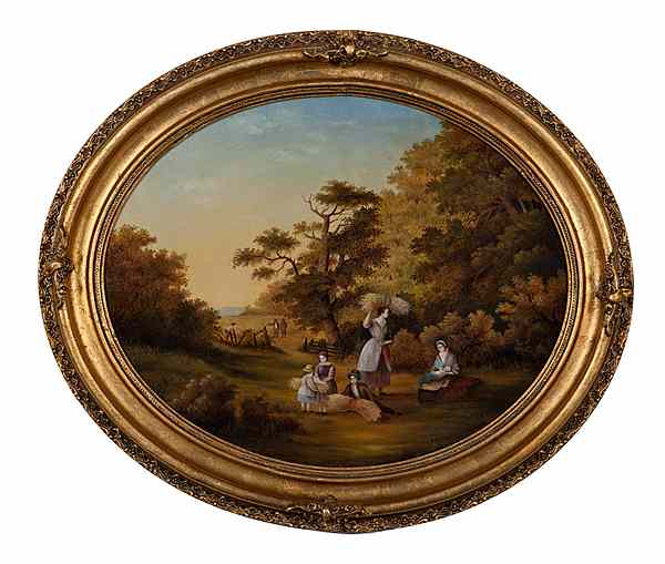 Appraisal: Oval Painting of Family Harvesting Wheat American th century Oil