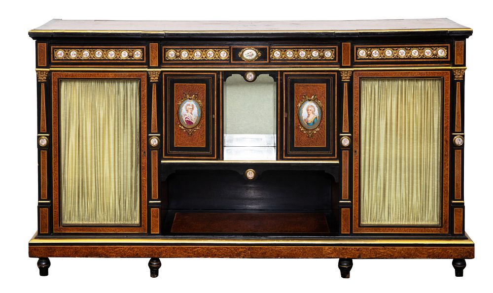 Appraisal: LOUIS XVI-STYLE EBONISED AND FRUITWOOD GLAZED SIDE CABINET TH CENTURY