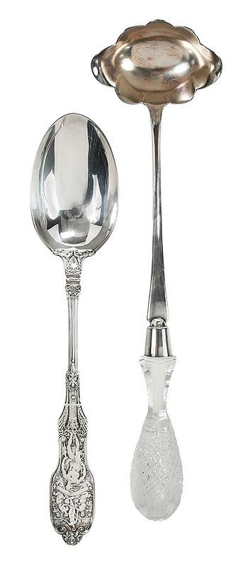 Appraisal: Silver ladle and spoon Gorham Mythologique stuffing spoon monogram on