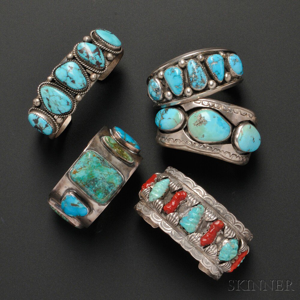 Appraisal: Five Navajo Bracelets all silver with turquoise settings one with