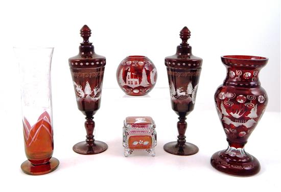 Appraisal: GLASS Six pieces of cranberry cut to clear glass pieces