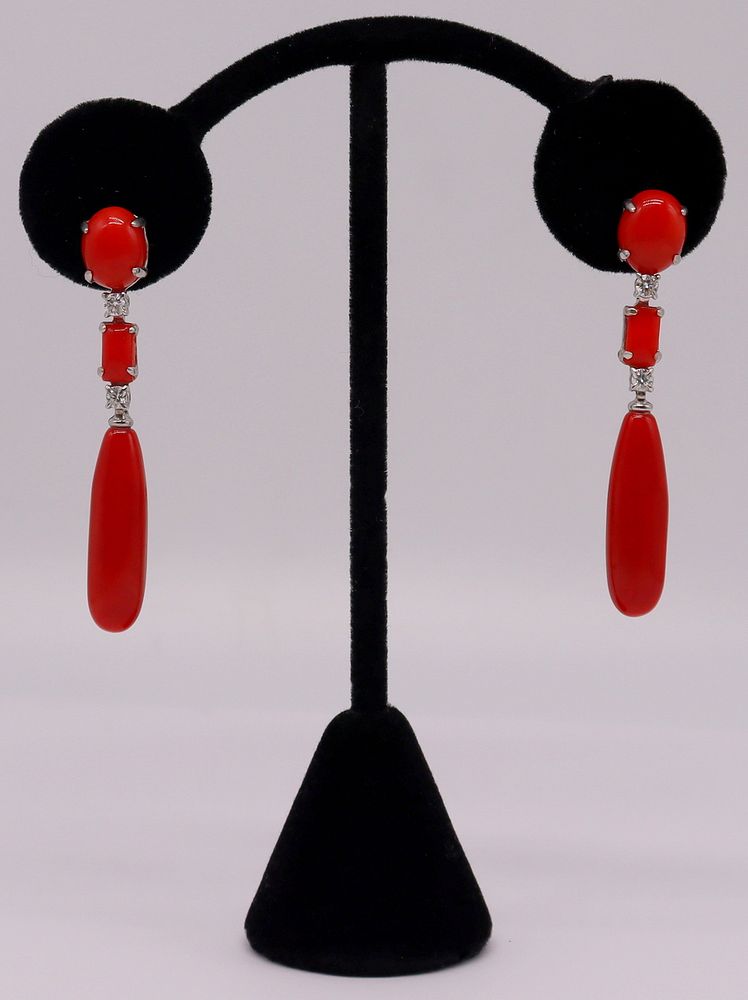 Appraisal: JEWELRY Pair of Italian kt Gold Coral and Diamond Earrings